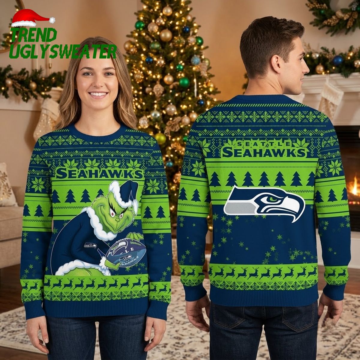 Seattle Seahawks Grinch Holding Football Ugly Christmas Sweater