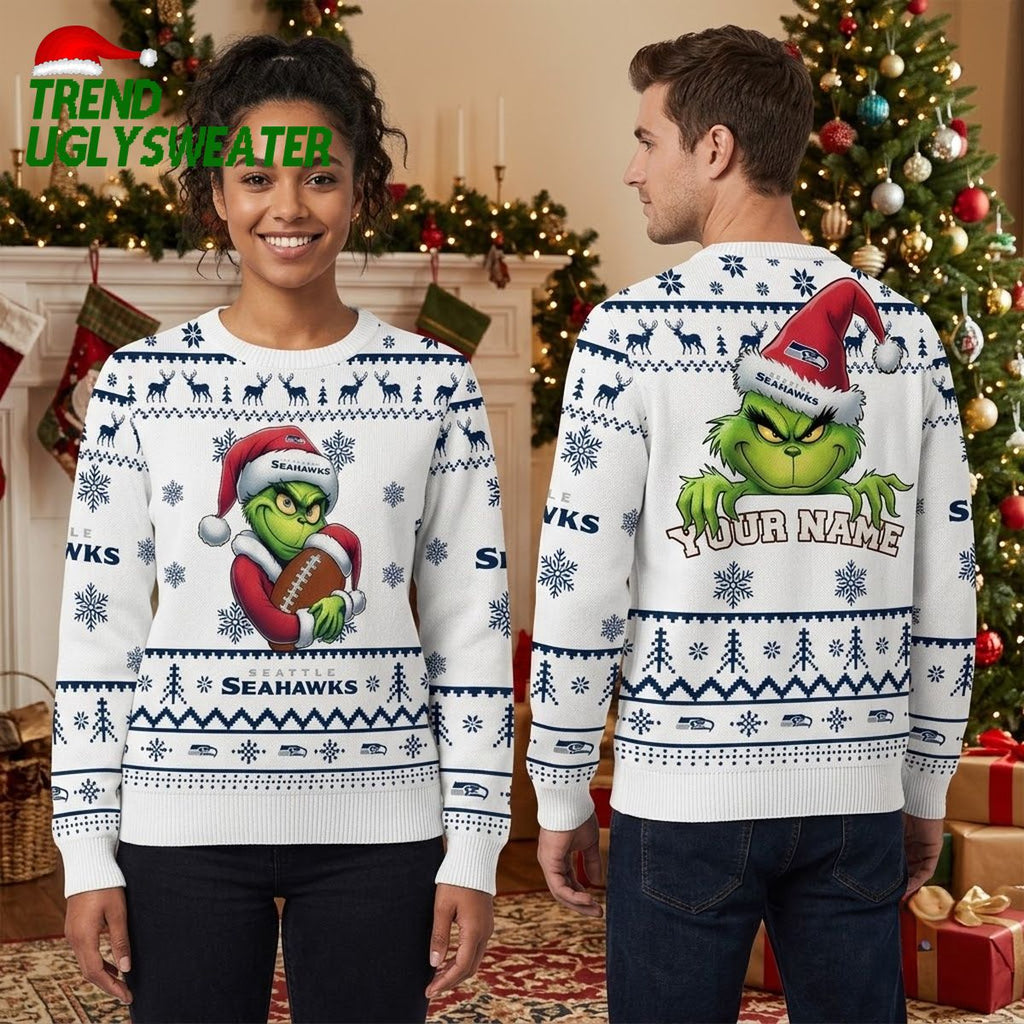 Seattle Seahawks Grinch Santa Hat Custom Name Ugly Christmas Sweater