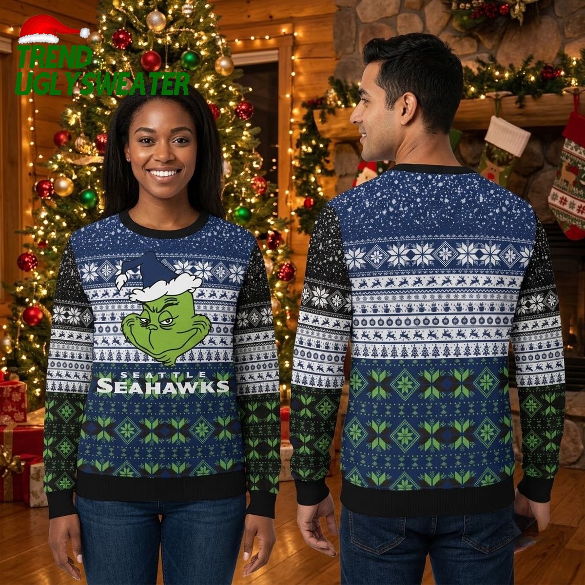 Seattle Seahawks Grinch Santa Hat Ugly Christmas Sweater