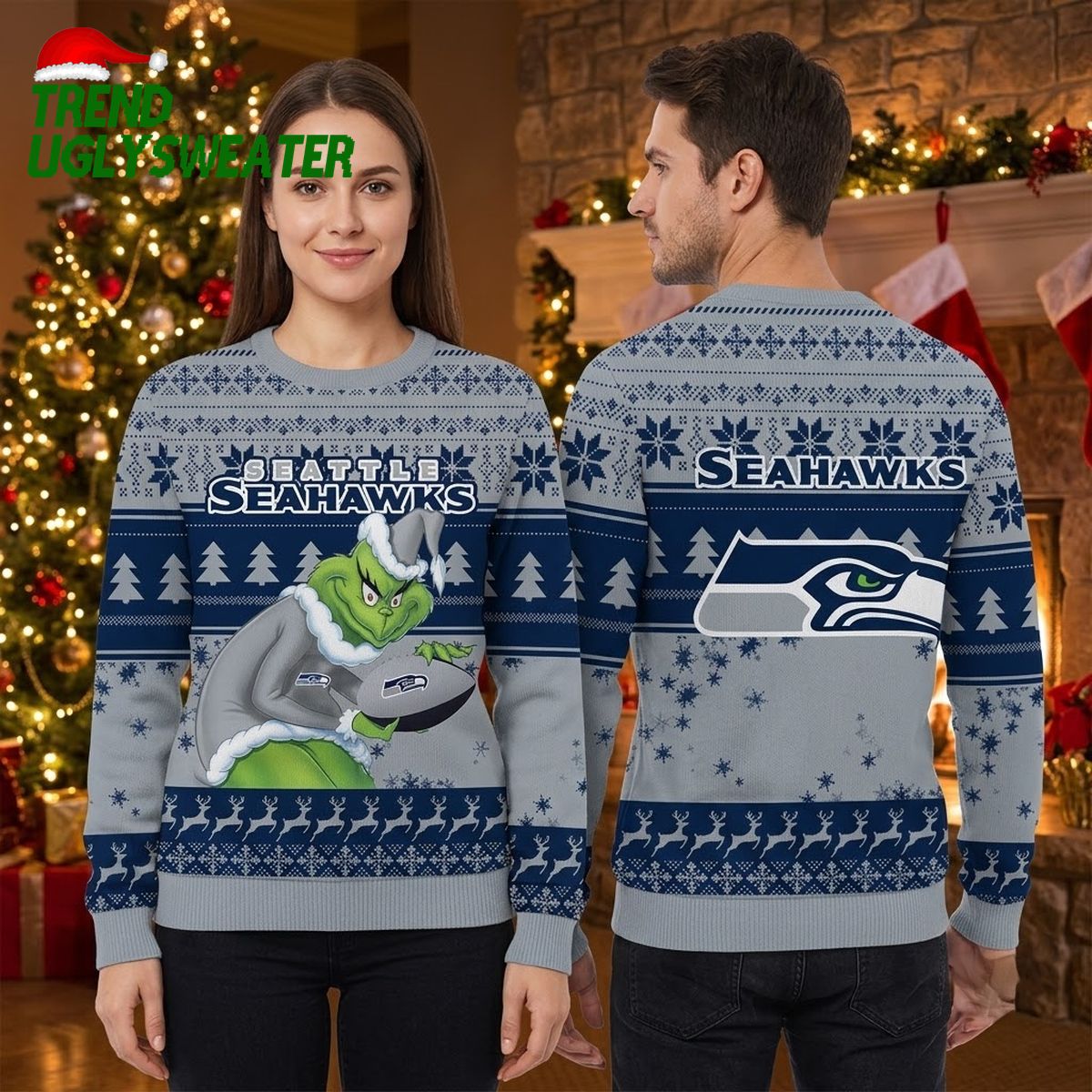 Seattle Seahawks Grinch Stealing Football Ugly Christmas Sweater