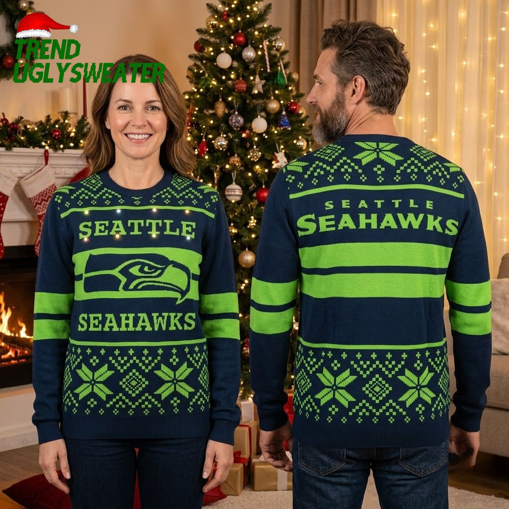 Seattle Seahawks Logo Snowflake Pattern - Seahawks Fan Holiday Gift Ugly Christmas Sweater