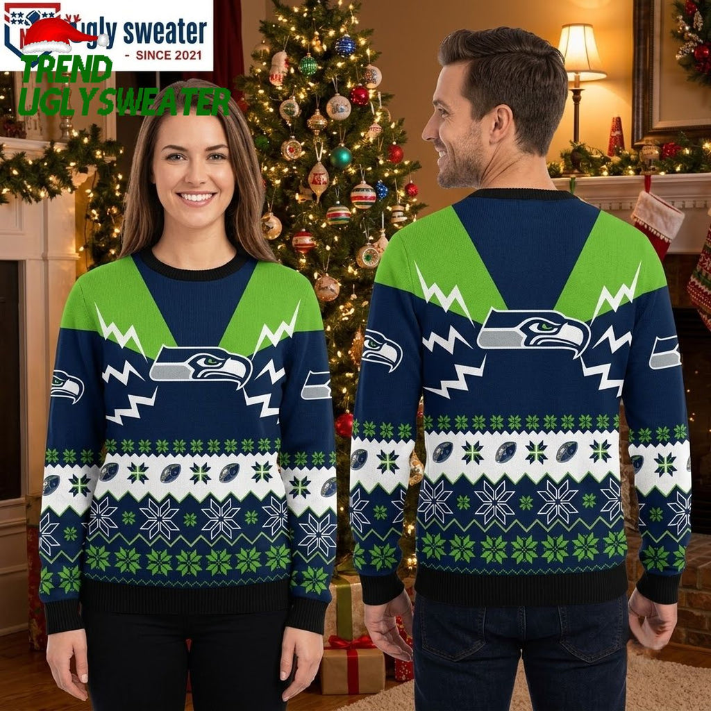 Seattle Seahawks Logo Snowflake Pattern Ugly Christmas Sweater