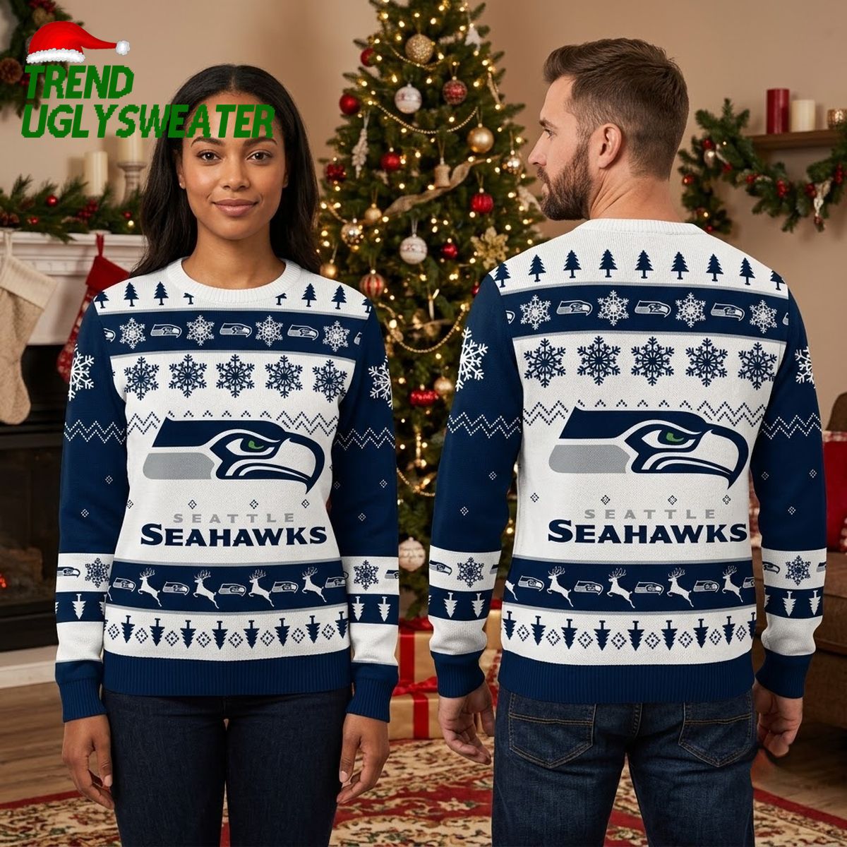Seattle Seahawks Logo Snowflakes And Christmas Trees Ugly Christmas Sweater