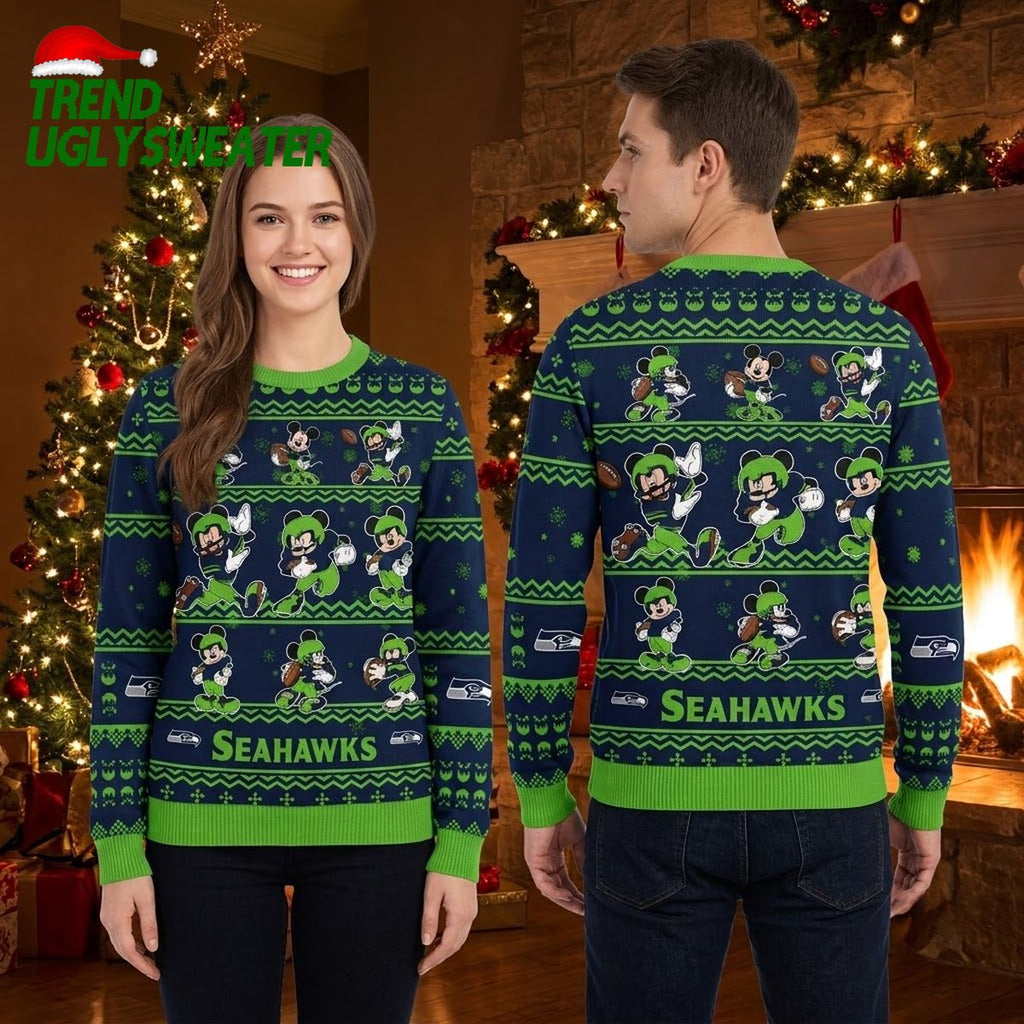 Seattle Seahawks Mickey Mouse Football Pattern Ugly Christmas Sweater