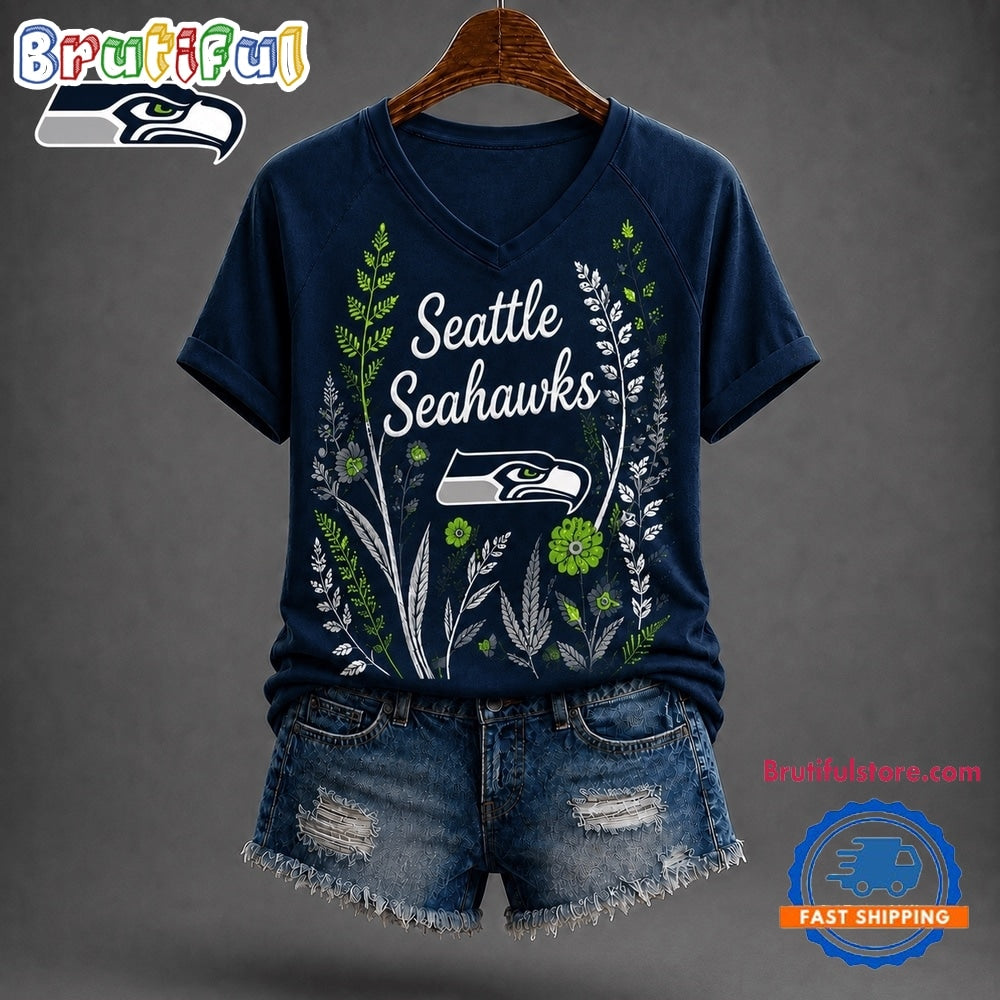 Seattle Seahawks NFL Floral Garden V Neck T Shirt