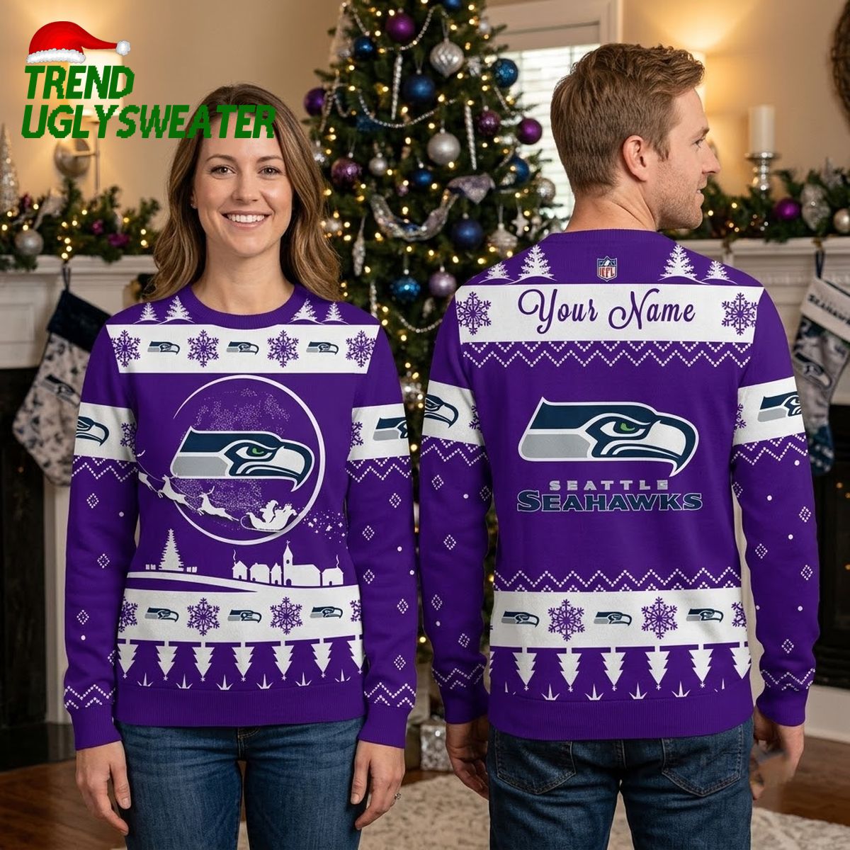 Seattle Seahawks Personalized Snowflake Logo Custom Name Ugly Christmas Sweater