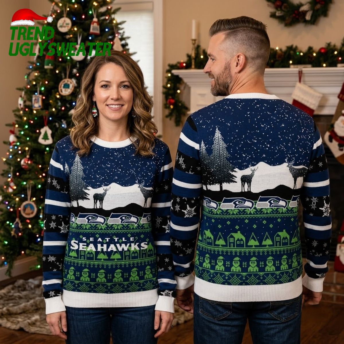 Seattle Seahawks Reindeer Snowflake Pattern Game Day Gift Ugly Christmas Sweater