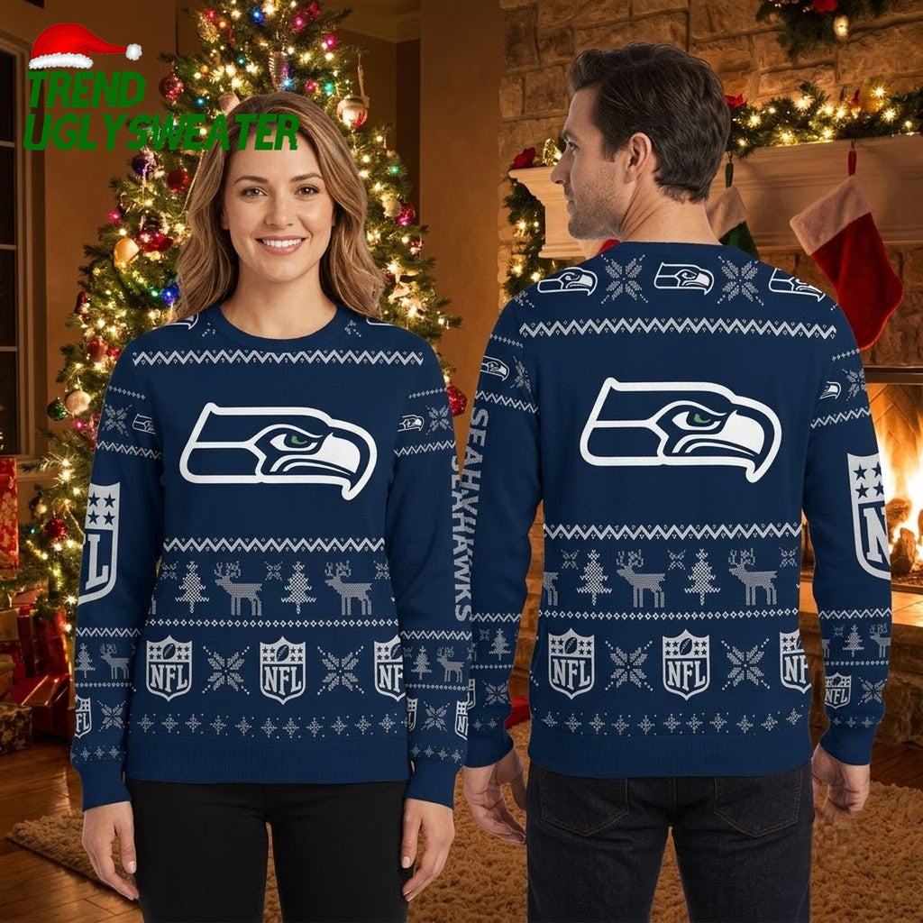 Seattle Seahawks Reindeer Snowflake Pattern - Holiday Gift For Seahawks Fans Ugly Christmas Sweater