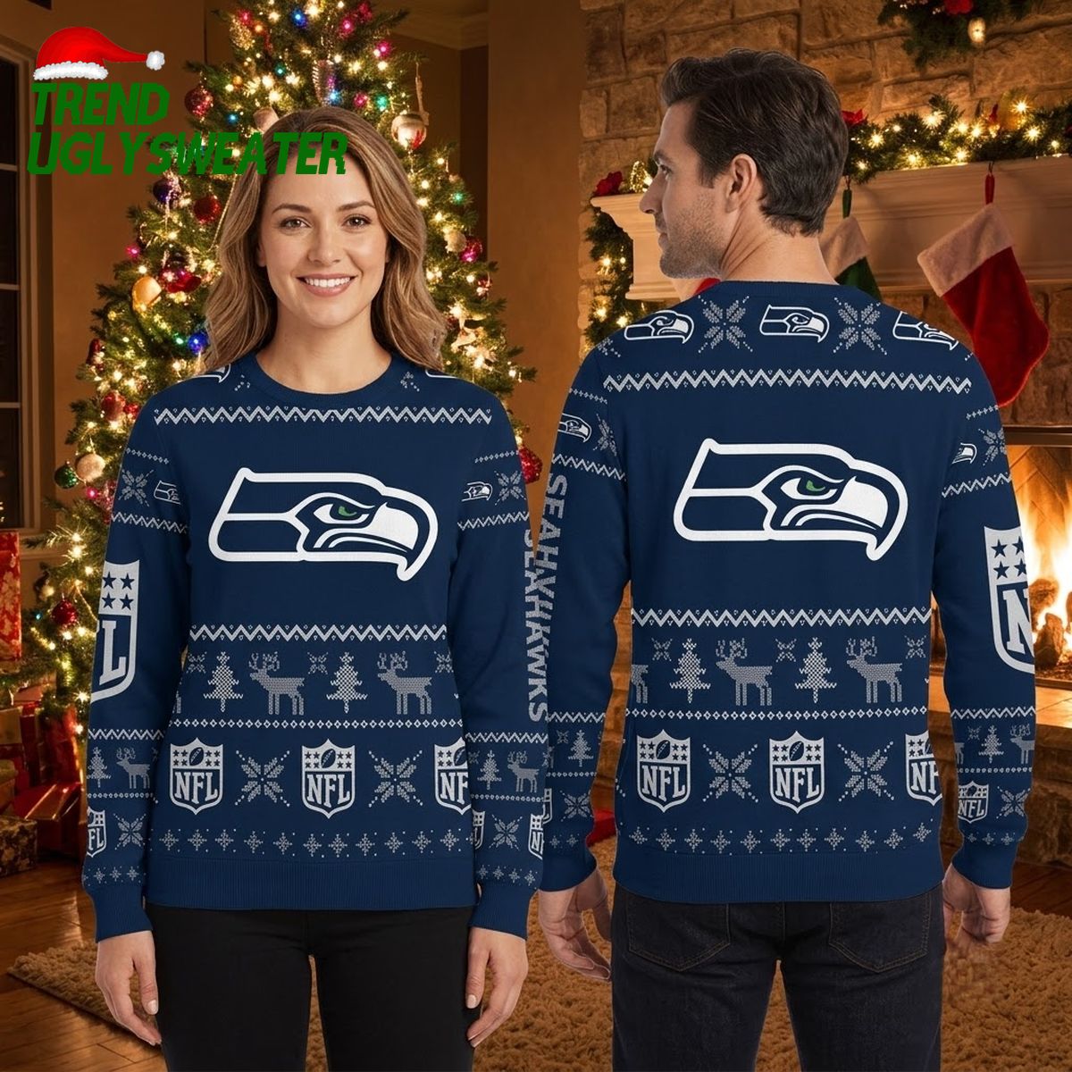 Seattle Seahawks Reindeer Snowflake Pattern - Holiday Gift For Seahawks Fans Ugly Christmas Sweater
