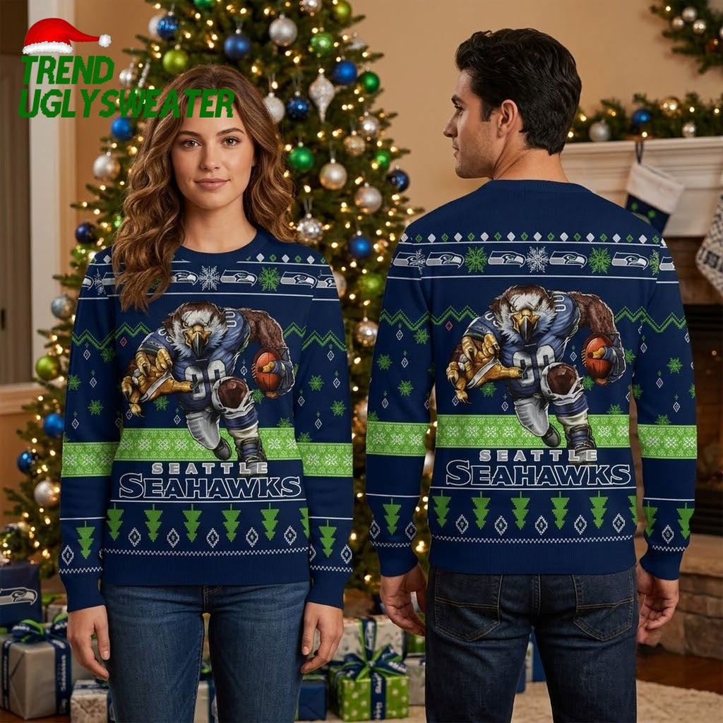 Seattle Seahawks Rushing Hawk Football Player Ugly Christmas Sweater