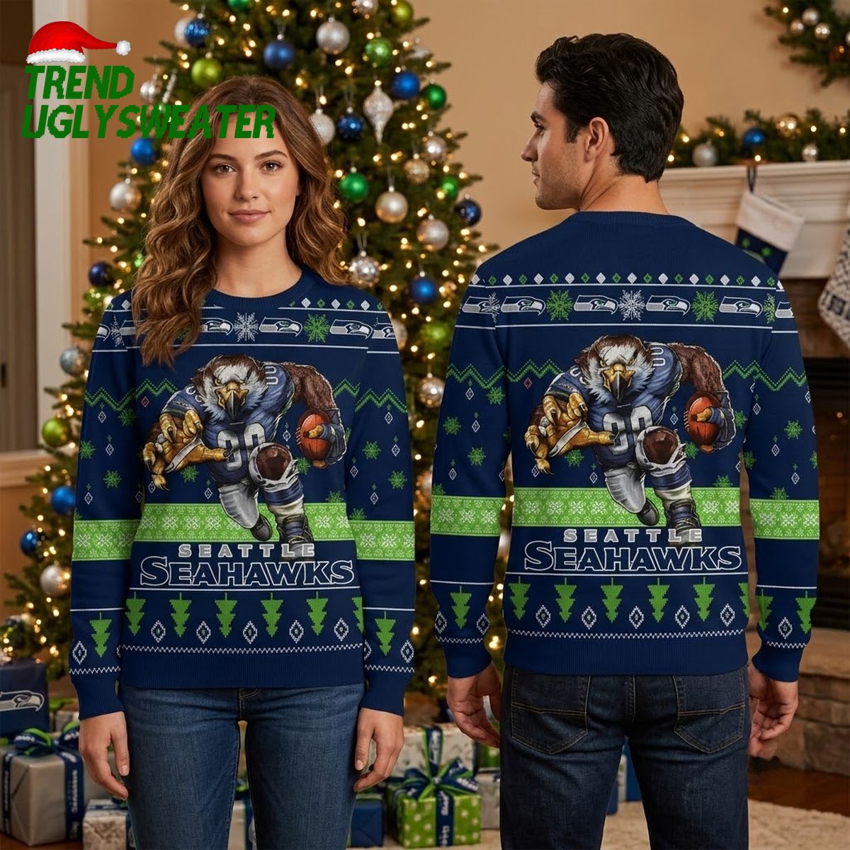Seattle Seahawks Rushing Hawk Football Player Ugly Christmas Sweater