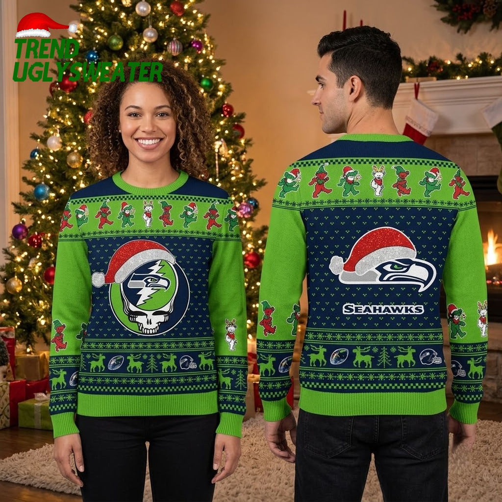Seattle Seahawks Santa Hat Skull With Dancing Bears Ugly Christmas Sweater