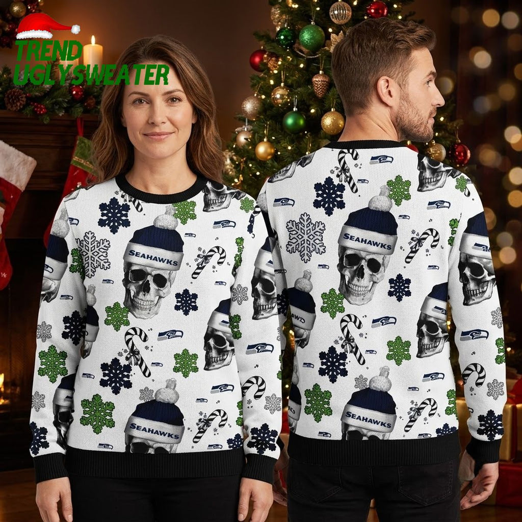 Seattle Seahawks Santa Hat Skulls Candy Canes Snowflakes Ugly Christmas Sweater