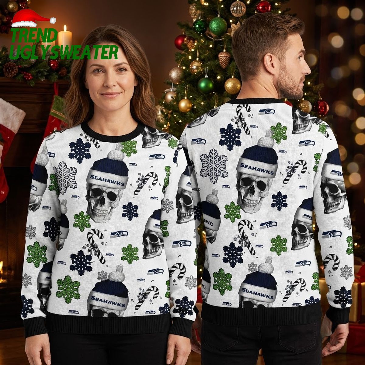 Seattle Seahawks Santa Hat Skulls Candy Canes Snowflakes Ugly Christmas Sweater
