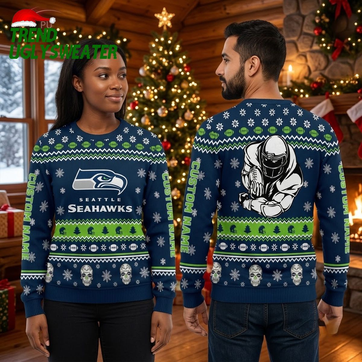Seattle Seahawks Skull And Football Snowflake Ugly Christmas Sweater