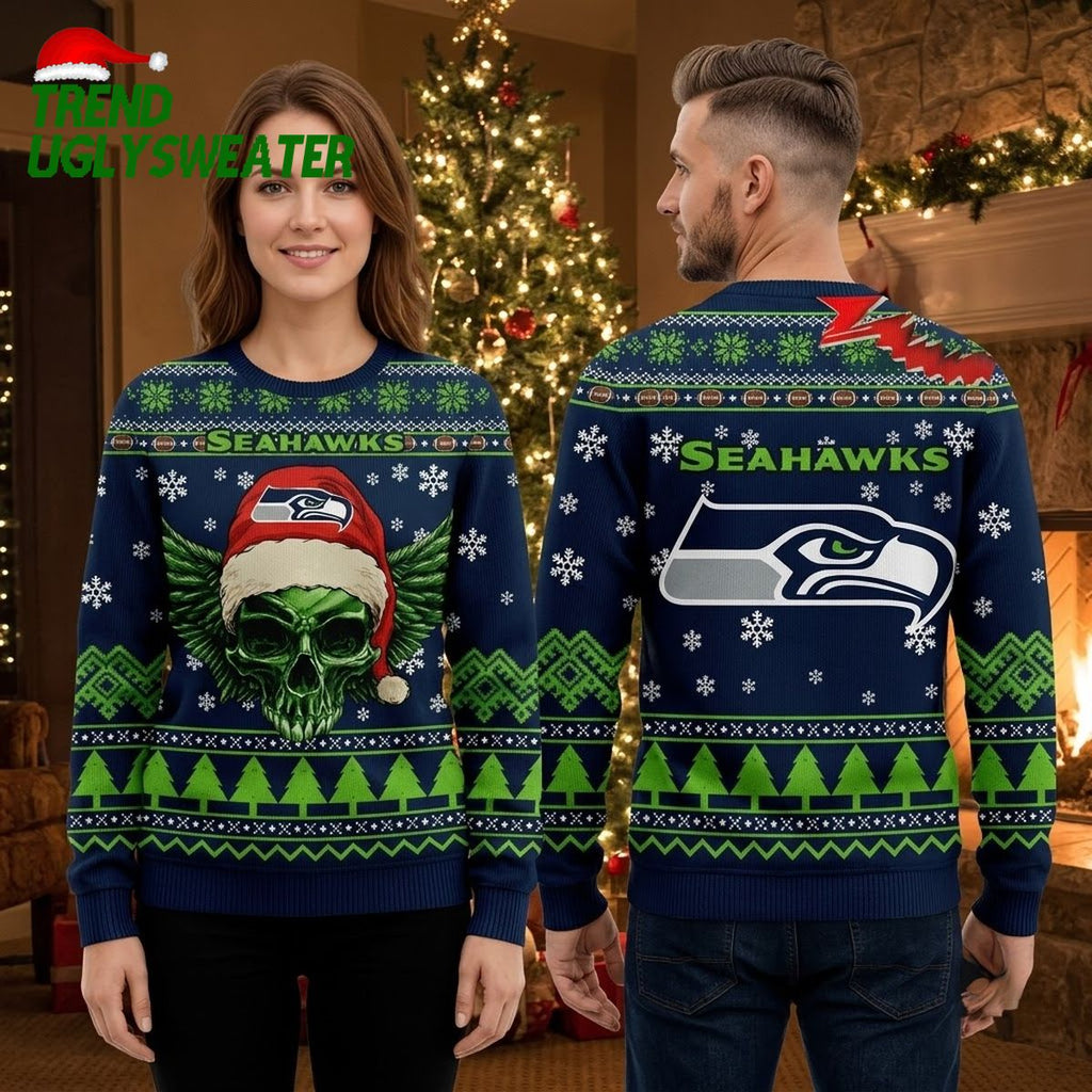 Seattle Seahawks Skull Santa Hat Ugly Christmas Sweater