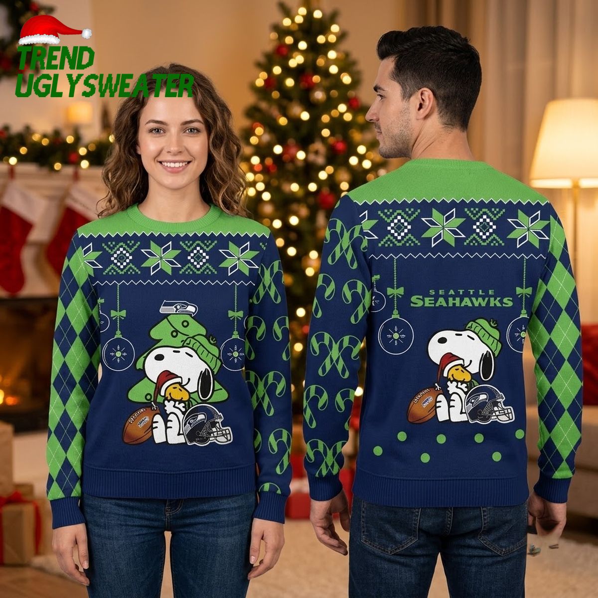 Seattle Seahawks Snoopy And Woodstock Football Christmas Ugly Christmas Sweater