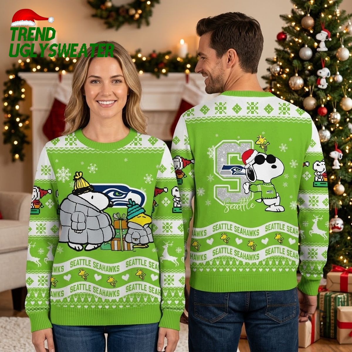 Seattle Seahawks Snoopy Peanuts Winter Scene Ugly Christmas Sweater