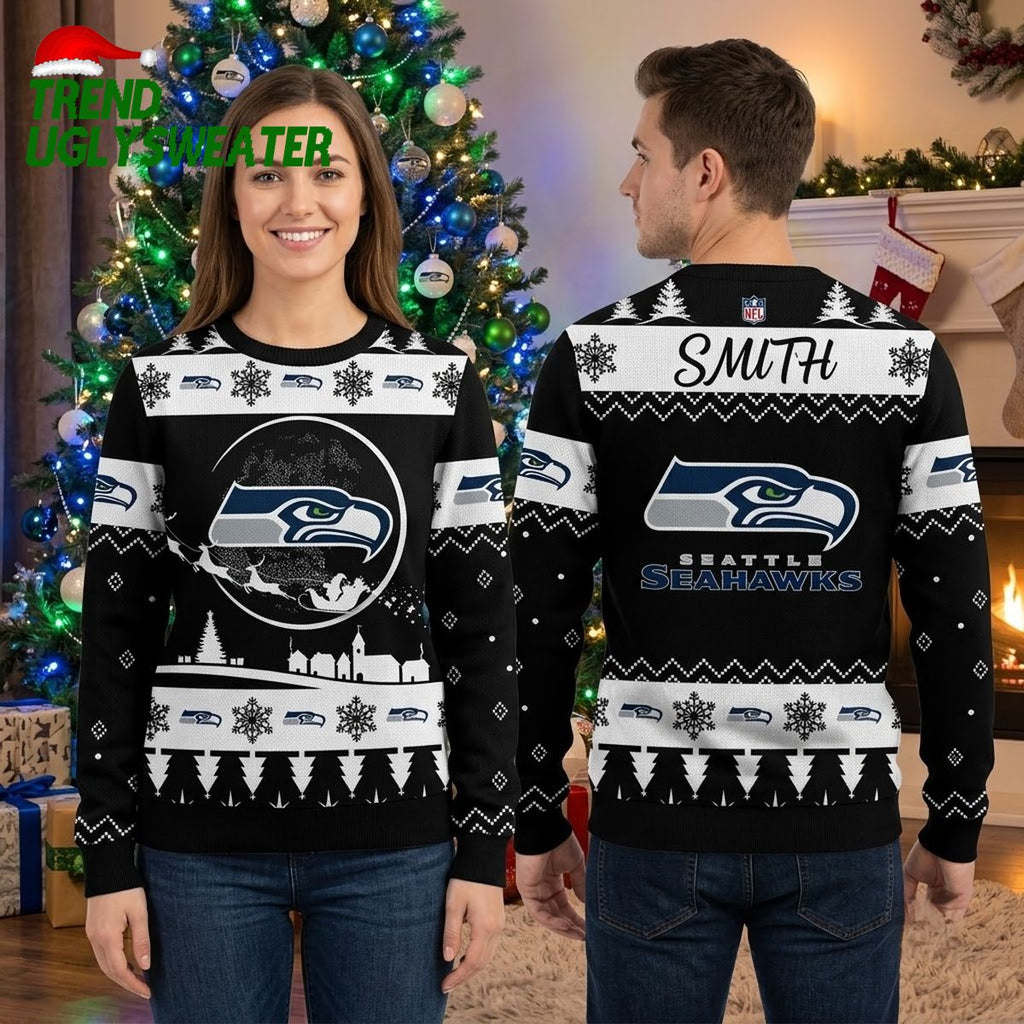 Seattle Seahawks Snowflake Logo Custom Name Ugly Christmas Sweater