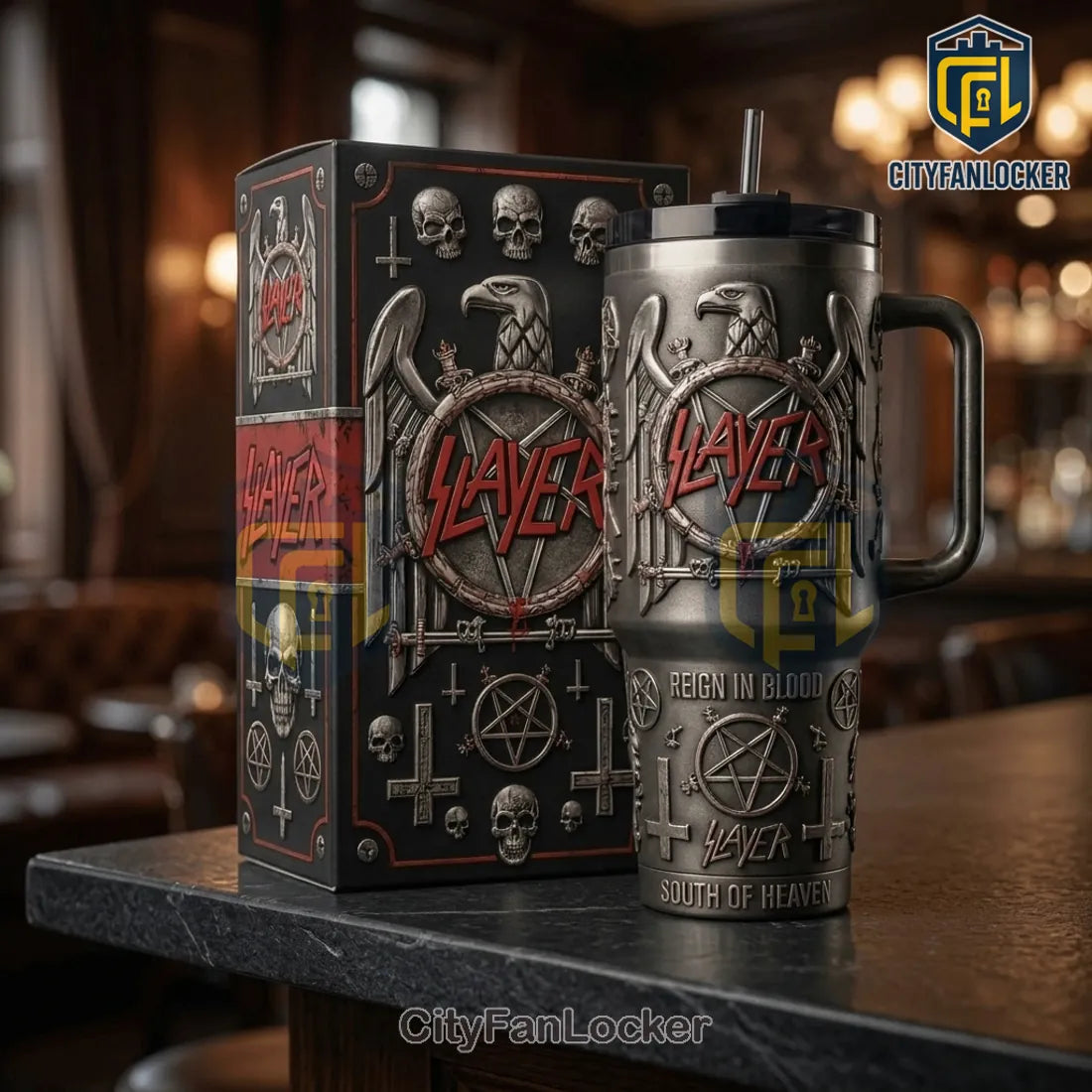 Slayer Reign In Blood South Of Heaven Embossed Stainless Steel 40oz Tumbler