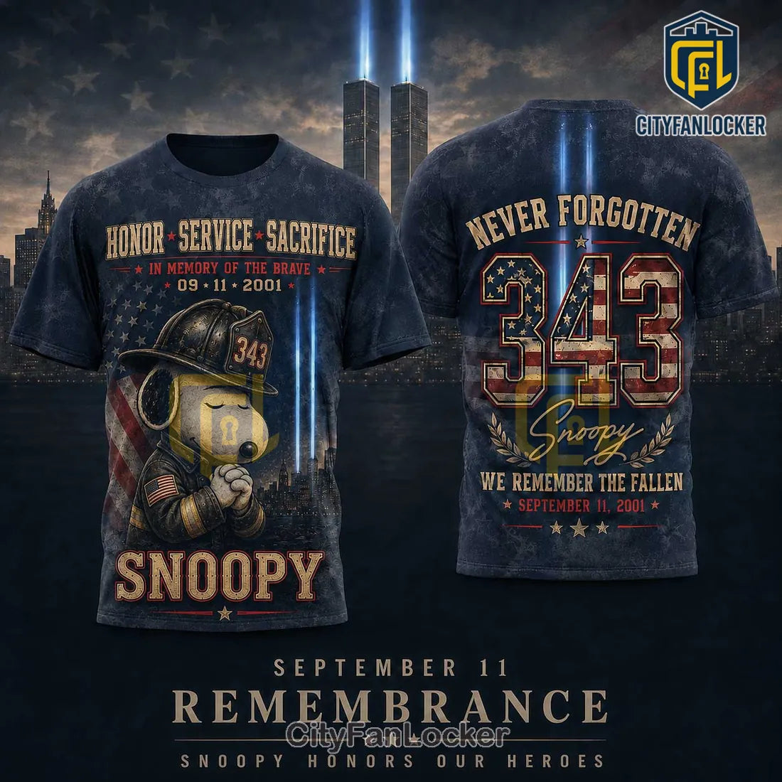 Snoopy 9-11 Memorial Firefighter 343 Tribute T-Shirt