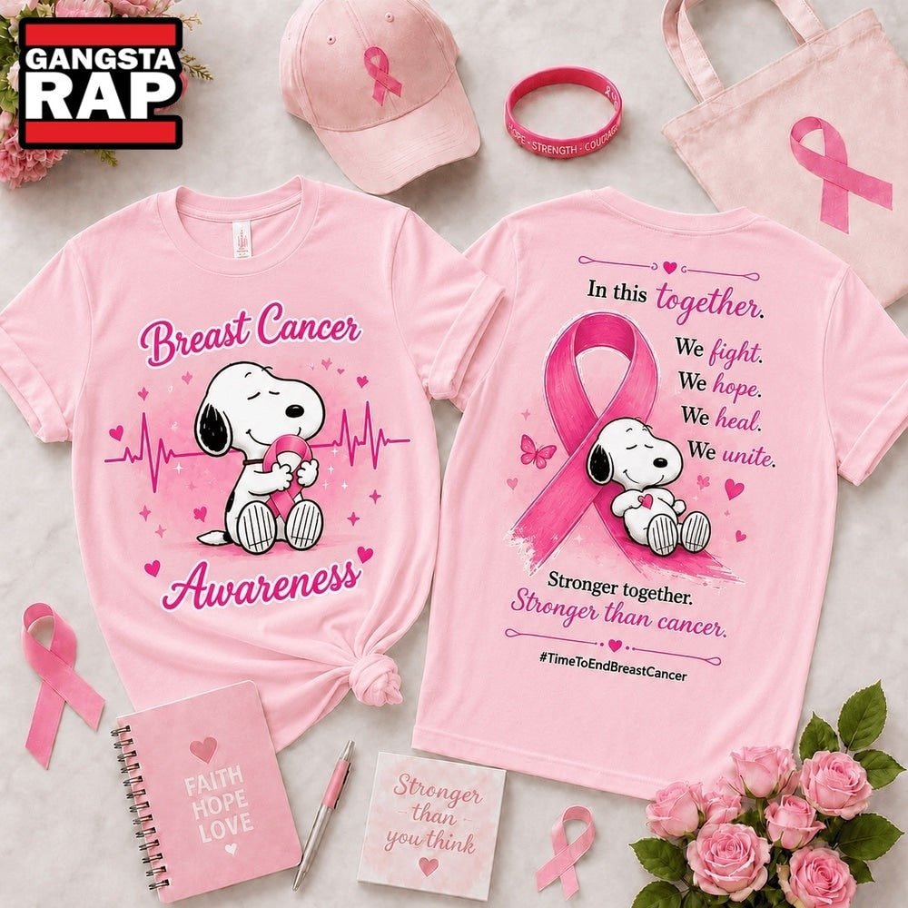 Snoopy Breast Cancer Awareness Stronger Together Pink Ribbon Hoodie T-Shirt
