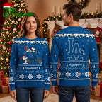 Snoopy Decorating LA Dodgers Logo With Holiday Lights Ugly Christmas Sweater