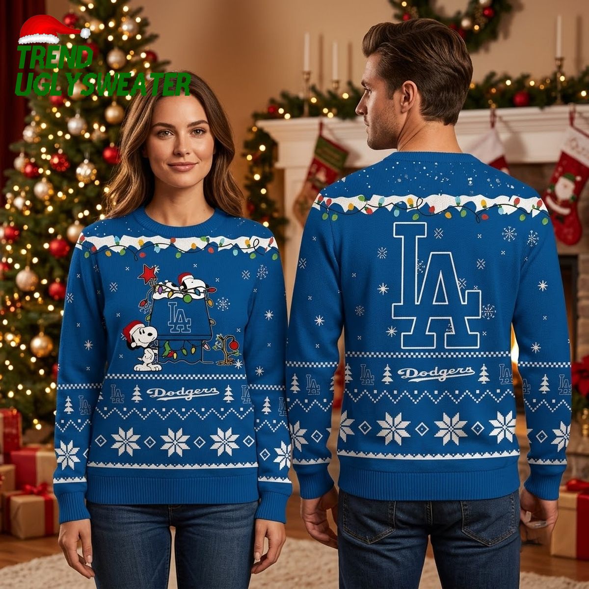 Snoopy Decorating LA Dodgers Logo With Holiday Lights Ugly Christmas Sweater