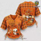 Snoopy Fall Jesus Plaid Lace-Up Jersey T-Shirt