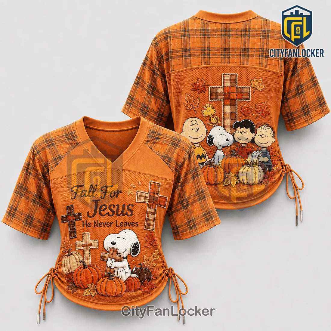 Snoopy Fall Jesus Plaid Lace-Up Jersey T-Shirt