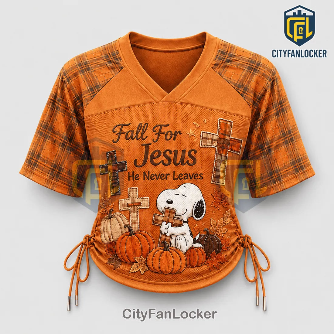Snoopy Fall Jesus Plaid Lace-Up Jersey T-Shirt