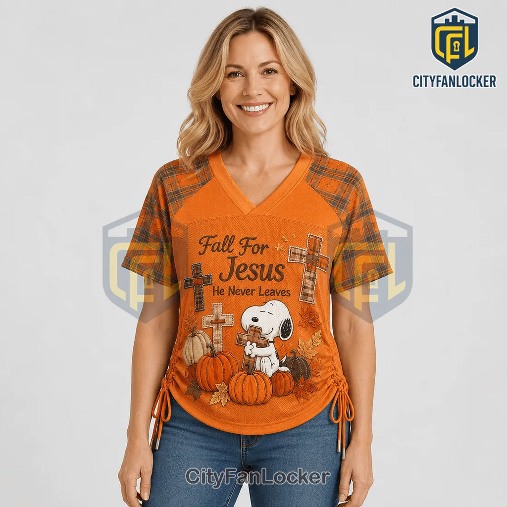 Snoopy Fall Jesus Plaid Lace-Up Jersey T-Shirt