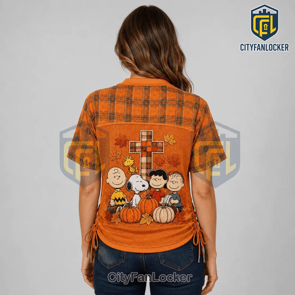 Snoopy Fall Jesus Plaid Lace-Up Jersey T-Shirt