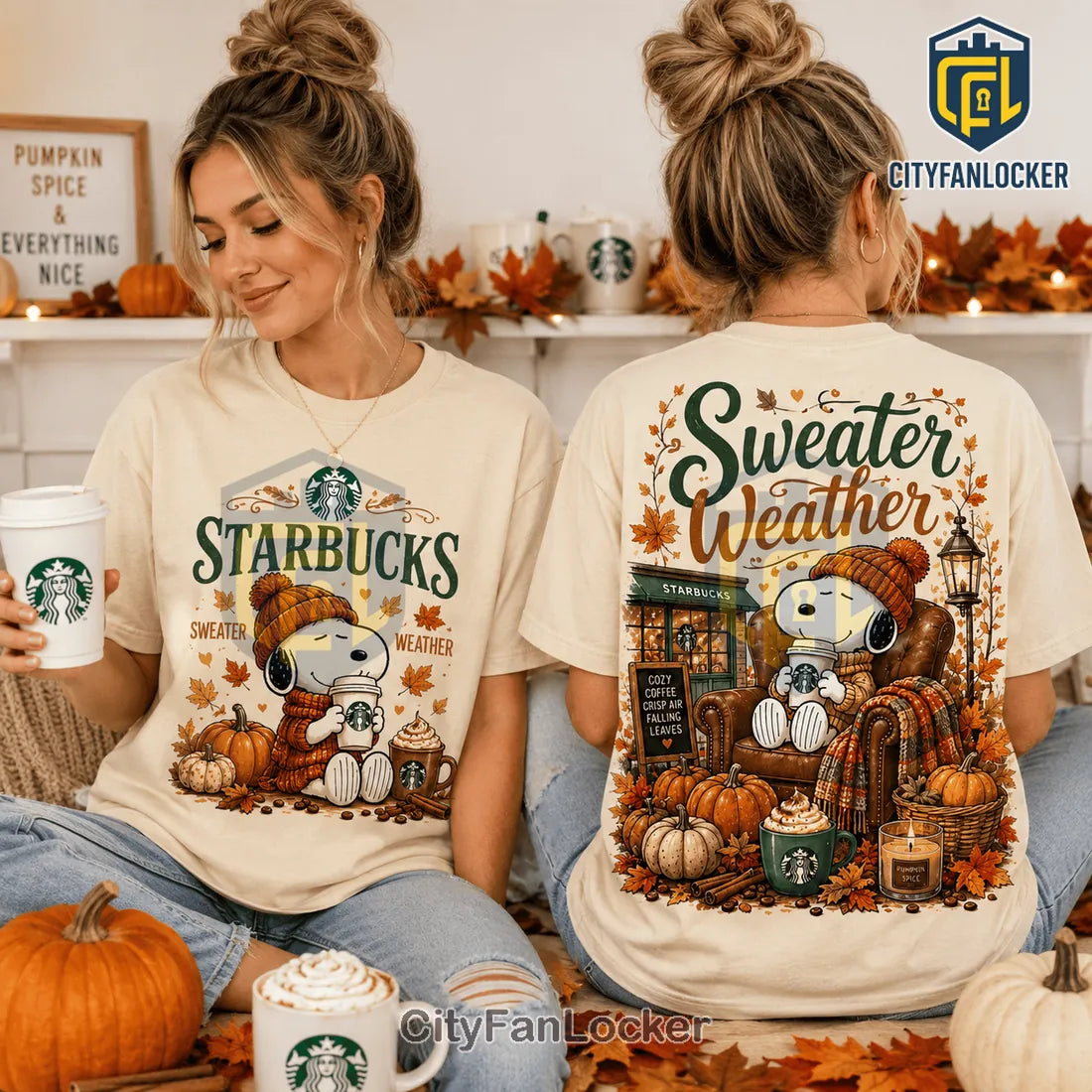 Snoopy Starbucks Sweater Weather Beige T-Shirt