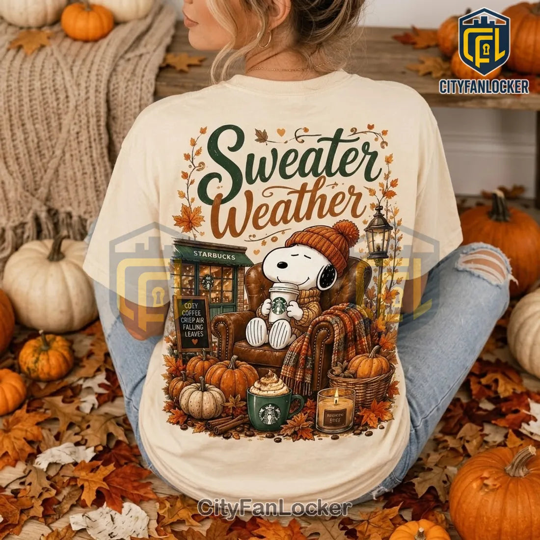 Snoopy Starbucks Sweater Weather Beige T-Shirt