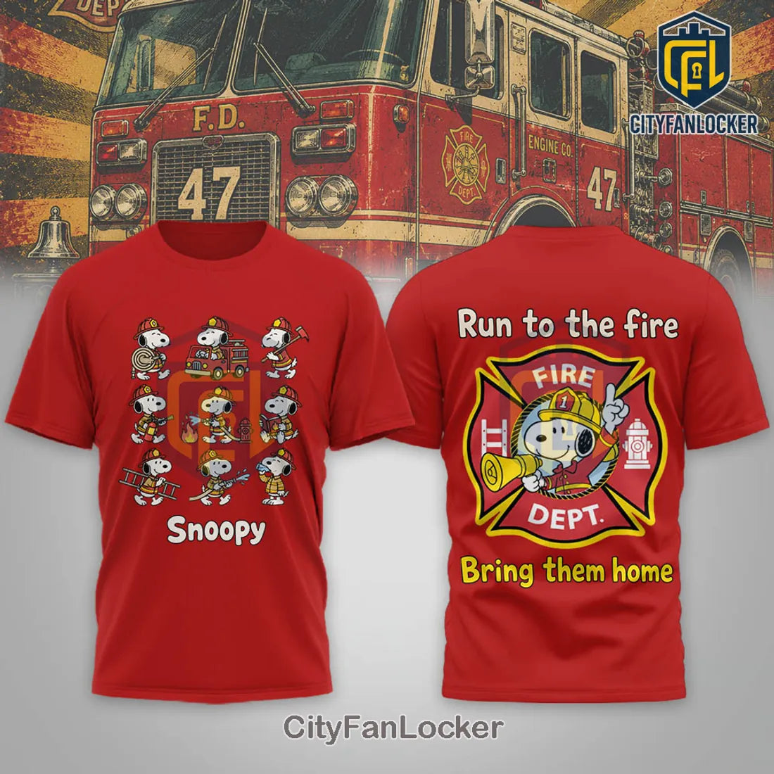 Snoopy x Firefighter Fire Dept Crewneck Graphic T-Shirt