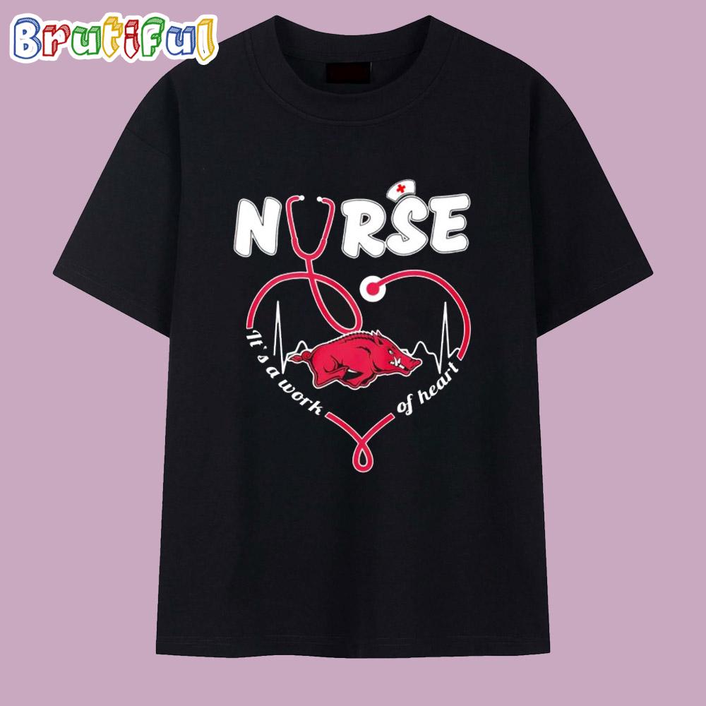 Stethoscope Nurse Heartbeat It’s a Work of Heart Arkansas Razorbacks T Shirt