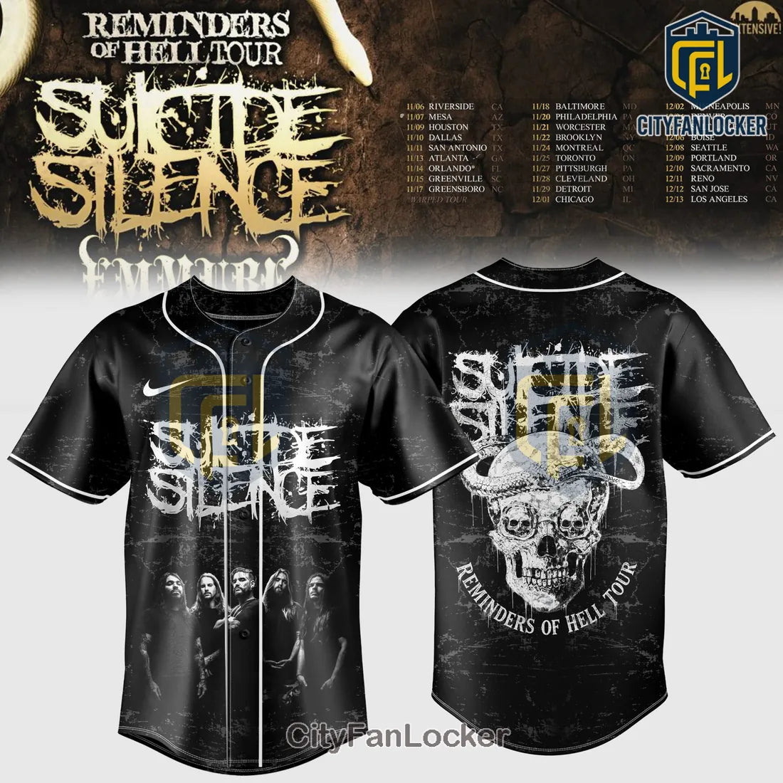 Suicide Silence Reminders of Hell Tour Black Baseball Jersey