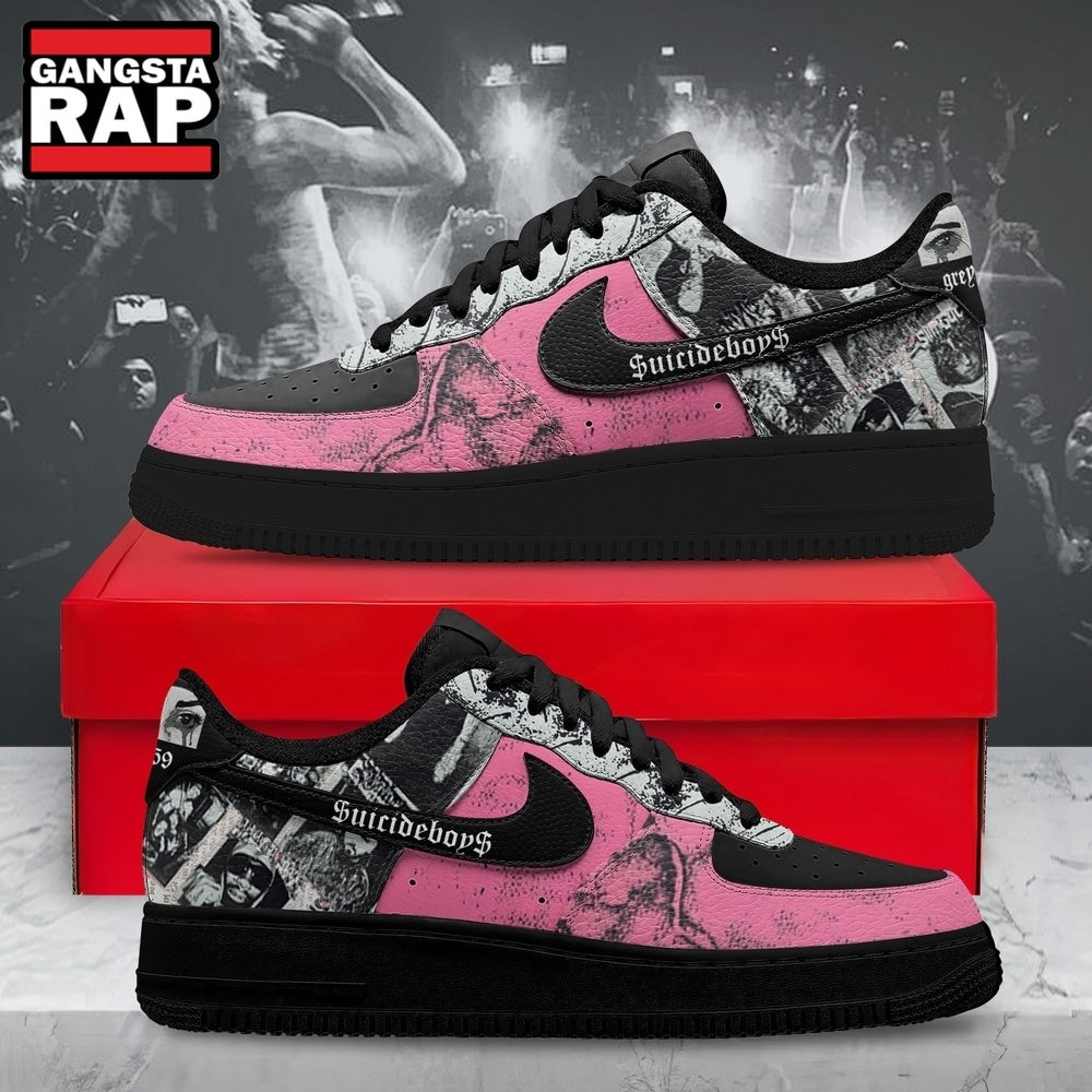 Suicideboys Hip Hop Custom Air Force 1 Shoes, G59 Pink & Black Graphic Sneakers, Music Air Force 1 Shoes