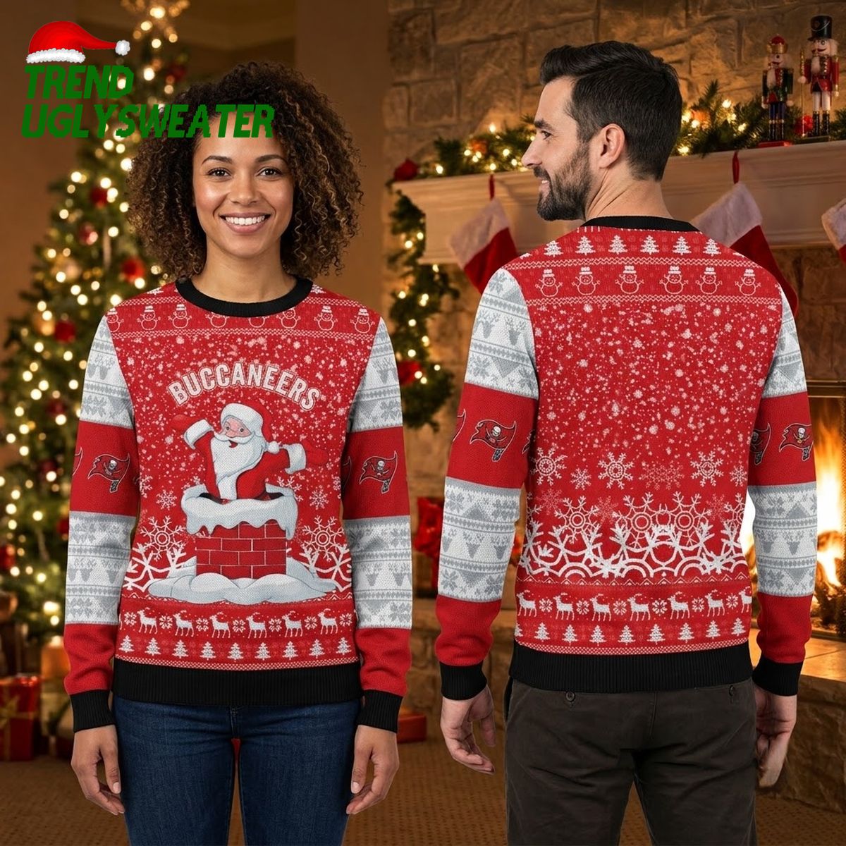 Tampa Bay Buccaneers Santa Climbing Chimney Ugly Christmas Sweater