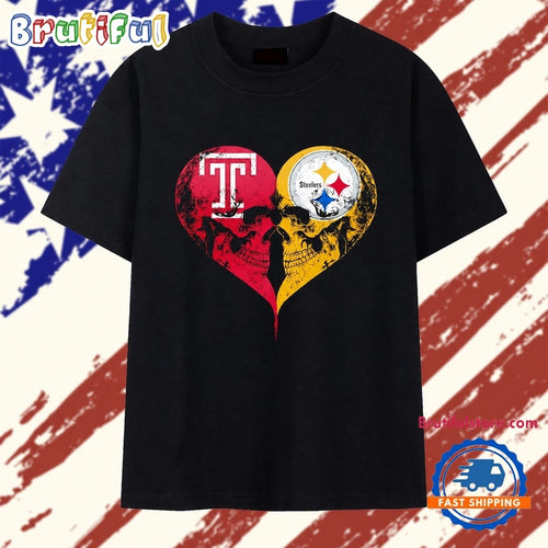 Temple Owls x Pittsburgh Steelers skulls face to face heart shape distressed T Shirt
