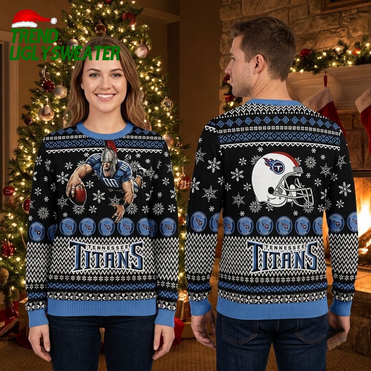 Tennessee Titans Football Player Helmet Snowflake Ugly Christmas Sweater