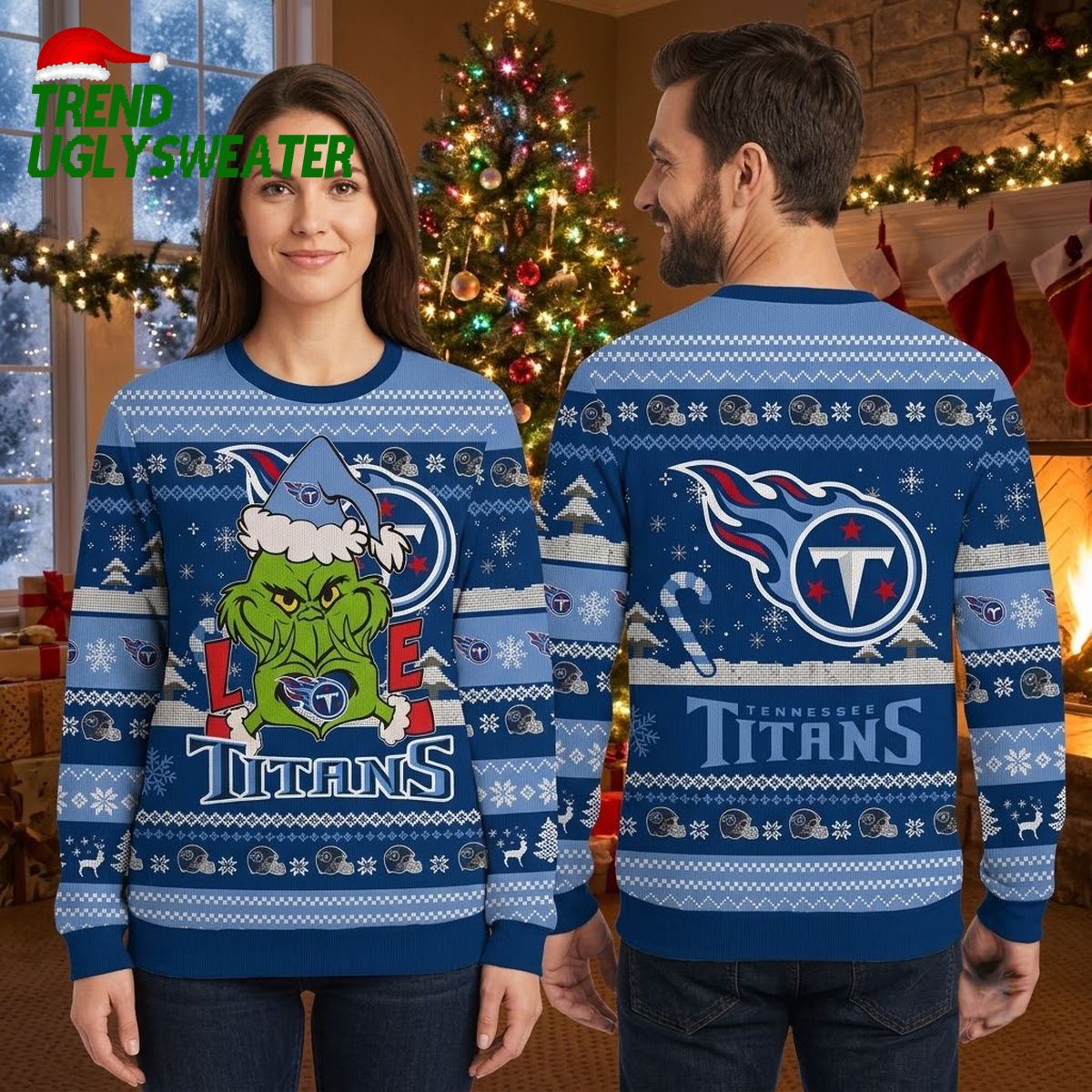 Tennessee Titans Grinch Santa Hat Logo Ugly Christmas Sweater