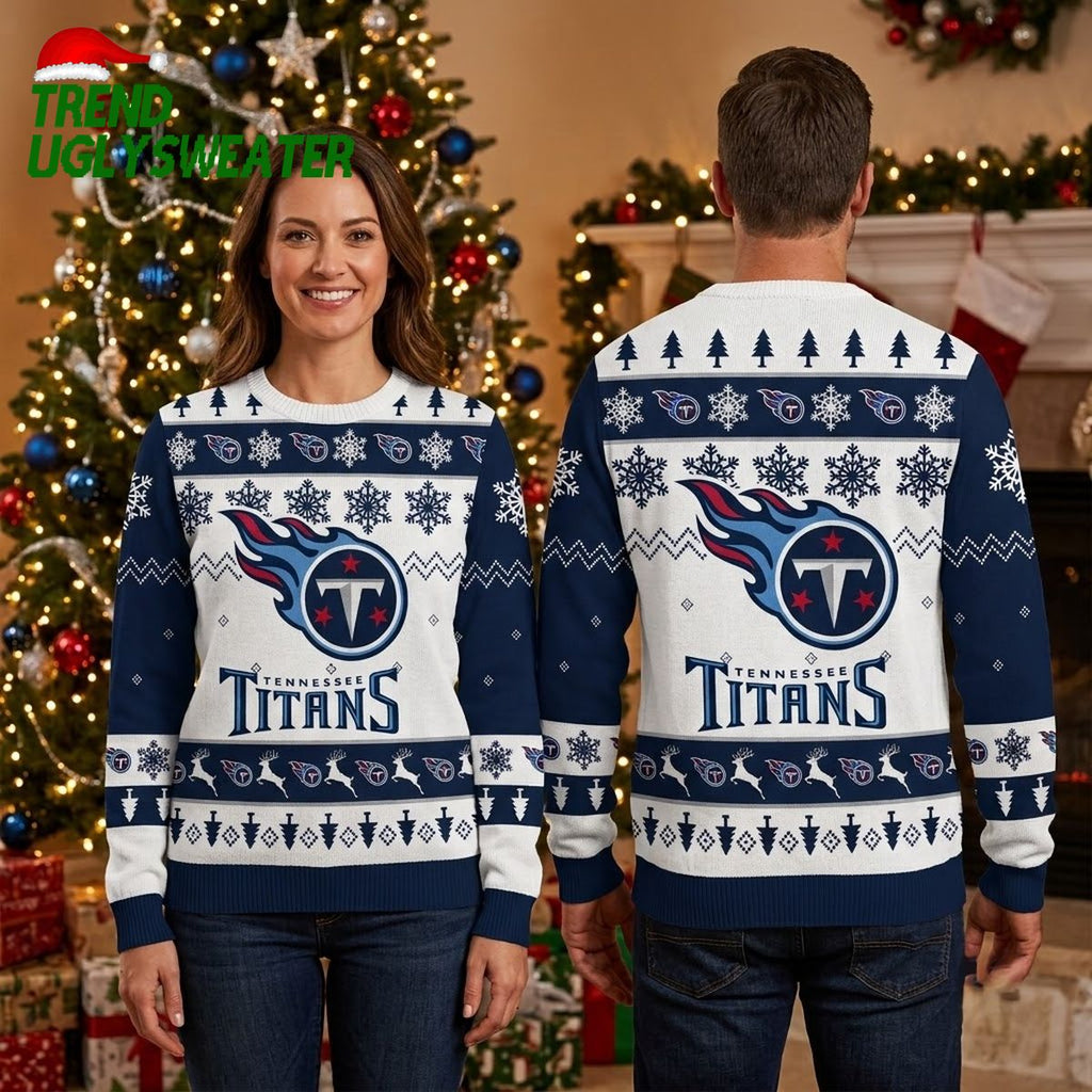 Tennessee Titans Logo Snowflake And Reindeer Ugly Christmas Sweater