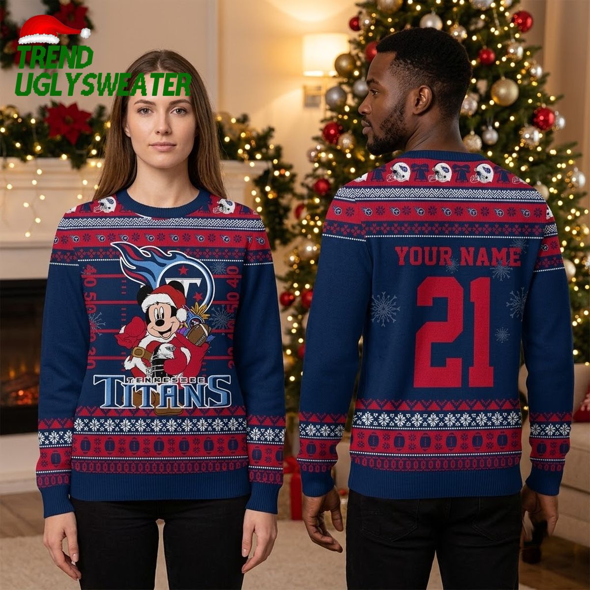 Tennessee Titans Mickey Mouse Santa Custom Name And Number Ugly Christmas Sweater