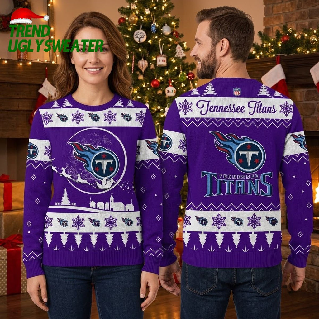 Tennessee Titans Snowy Village And Sleigh Ugly Christmas Sweater