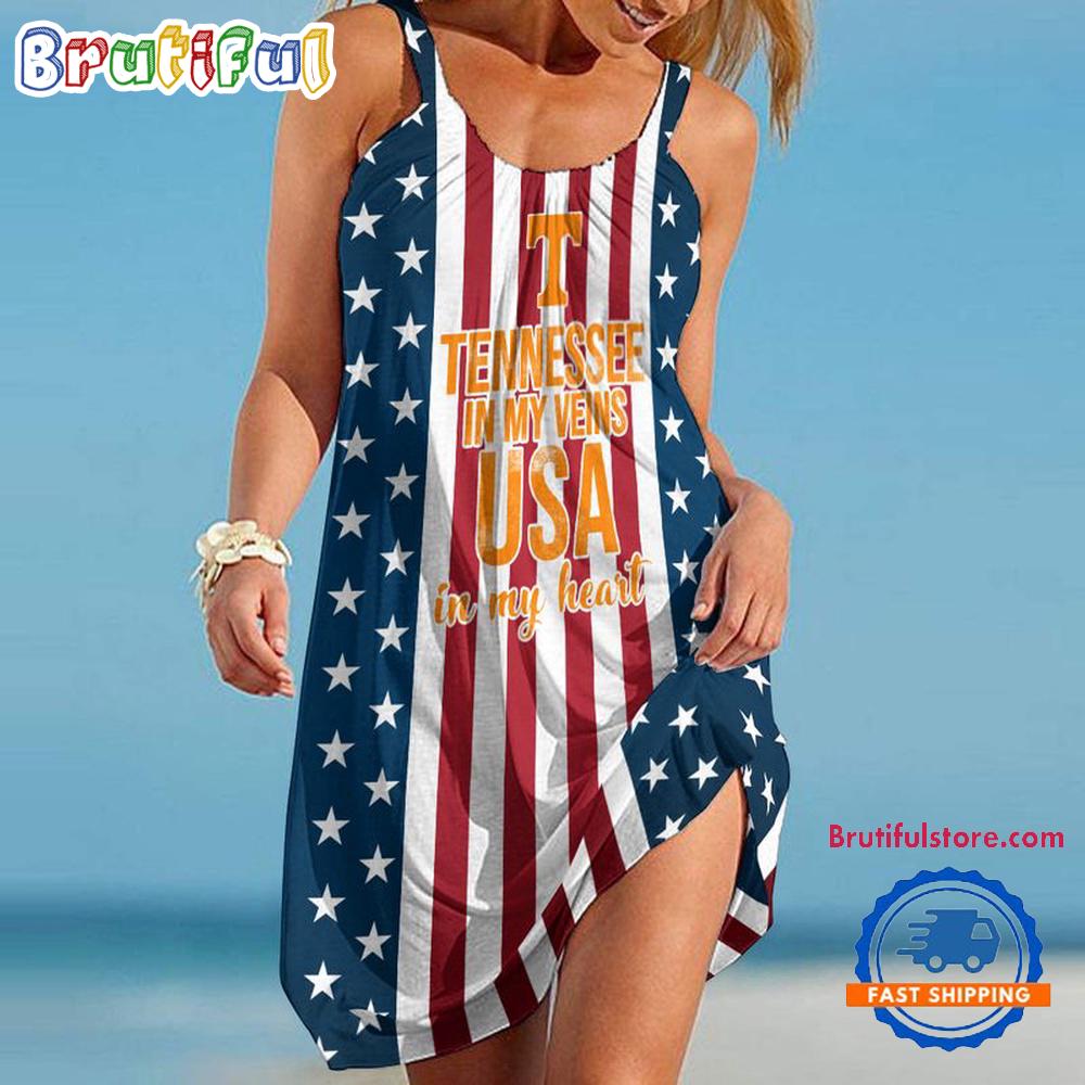 Tennessee Volunteers In My Veins USA In My Heart Independence Day Women’s Summer Beach Sling Dress