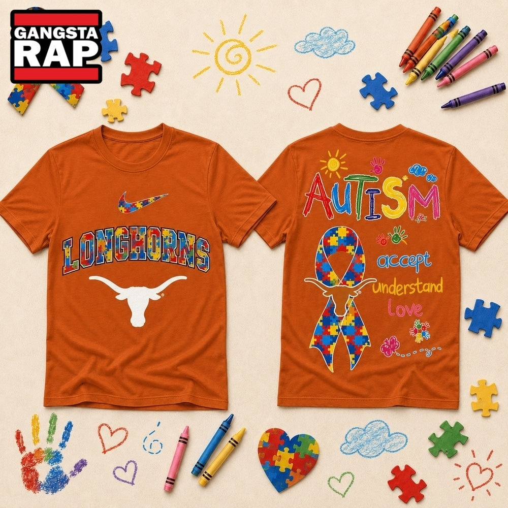 Texas Longhorns NCAA Autism Awareness Puzzle Ribbon Hoodie T-Shirt