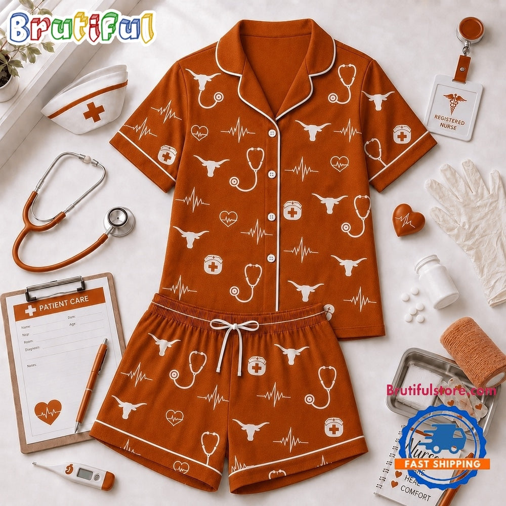 Texas Longhorns NCAA Heartbeats & Home Teams Short Sleeve Pajamas Set