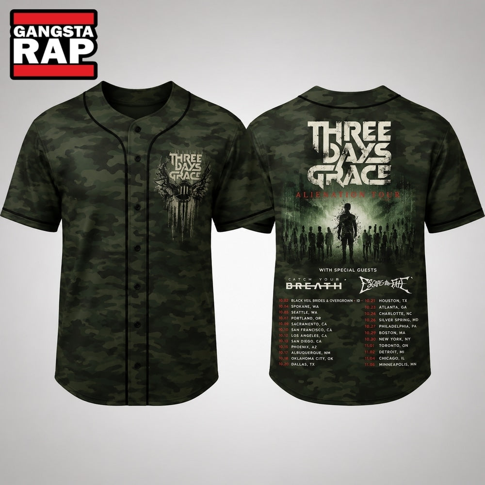 Three Days Grace Alienation Tour 2026 Green Camo Baseball Jersey